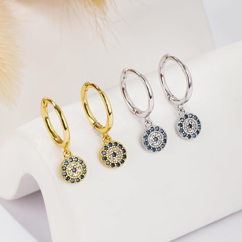 925 sterling Silver Evil Eye Dazzling Blue and Gold Crystal Earrings - Picture 8 of 8